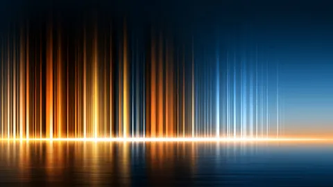 Abstract artwork in a wide 16:9 frame, featuring amber, blue and bars.