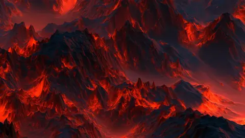 A rugged black mountain range is cut through with glowing red and amber channels, like rivers of lava.