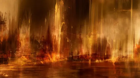 Abstract artwork in a wide 16:9 frame, featuring amber, light and streaks.