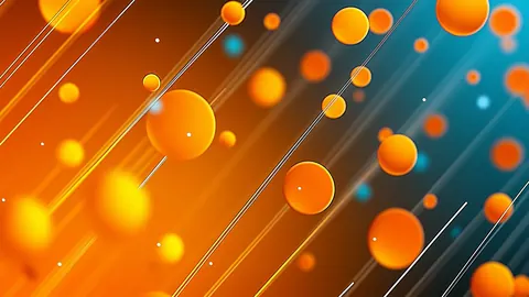Orange spheres of different sizes drift along thin diagonal trails against a teal background.