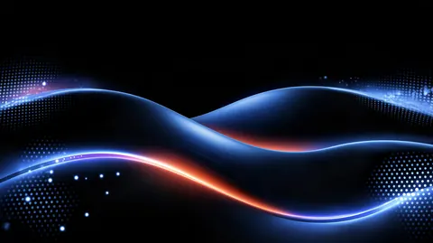 A dark wave lined with azure and copper light sweeps across black, with small sparks floating above it.
