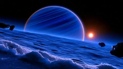 An icy moon surface looks out toward a massive blue ringed planet.