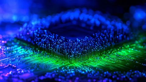 A low-angle topographic grid glows green and blue like living circuitry.