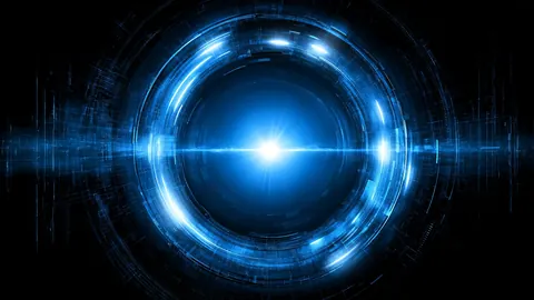 Dark technology artwork in a wide 16:9 frame, featuring blue, energy and ring.