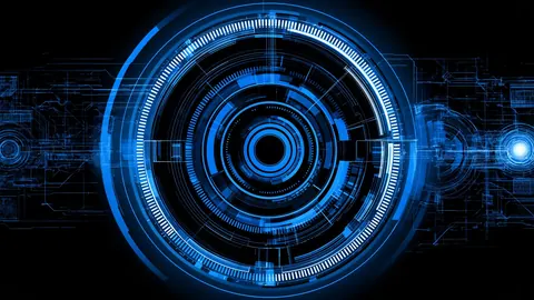 Dark technology artwork in a wide 16:9 frame, featuring blue, hud and schematics.