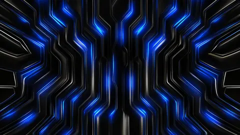 Symmetrical cobalt-blue circuit veins branch out across a dark metallic surface.