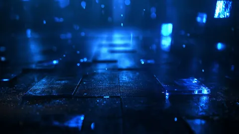 Blurred blue lights glow over a dark tiled floor in a moody cobalt scene.