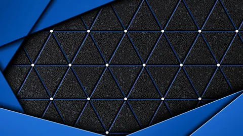 A dark triangle-grid panel with white dots at the joints, framed by angled blue shapes.