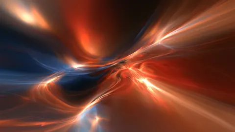 Streams of copper and blue light pull toward a bright center, like energy flaring out of a dark core.