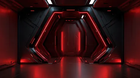A long dark corridor opens through layered red-lit hexagonal frames toward a glowing airlock.