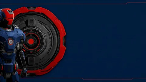 A blue-and-red armored robot stands beside a large red mechanical ring on a navy grid.