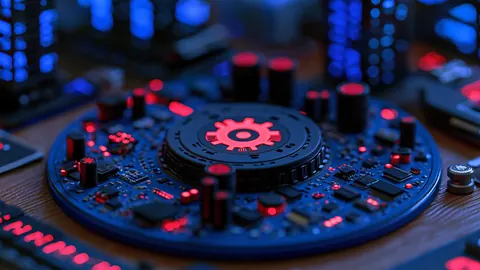 A round blue circuit module with a glowing red gear icon in the center, surrounded by red components.
