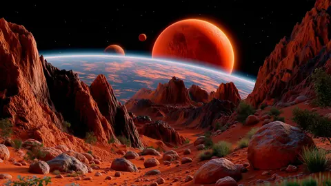 Red rocky ridges rise under a dark sky dotted with moons.