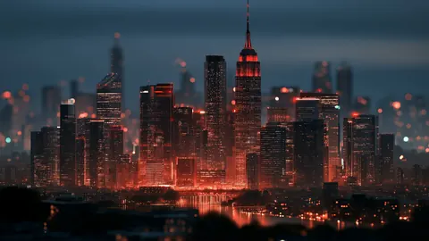 Desktop wallpaper of a dense city skyline glowing red under a dusky blue sky.
