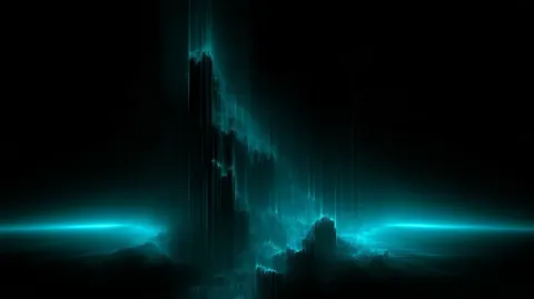 Columns of cyan data rise like a jagged peak over a thin glowing horizon.