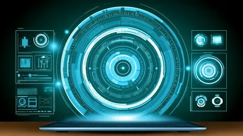 A glowing cyan circular interface rises above a laptop, with small data panels on both sides.
