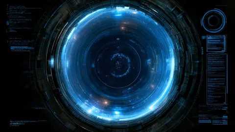 Dark technology artwork in a wide 16:9 frame, featuring cyan, scanner and ring.
