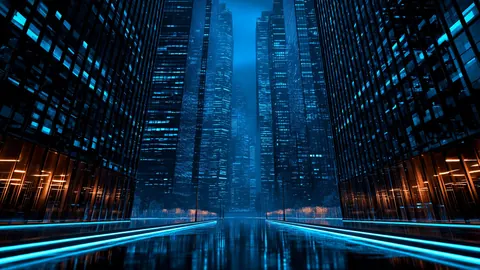 Looking up between dark skyscrapers laced with blue neon.