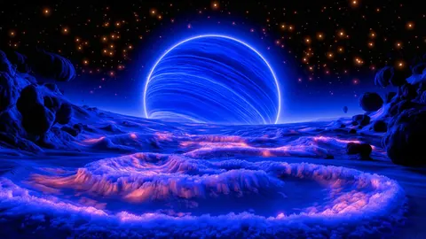 A glowing blue ringed planet hangs above wispy nebula clouds.