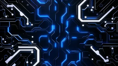 Bright blue circuit traces and white connector paths spread across a black board in a clean pattern.