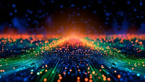 Orange and teal particles rush toward the viewer from a bright horizon line.