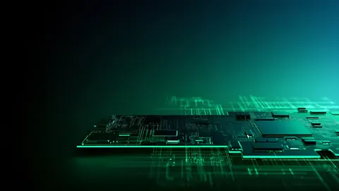A circuit board floats in teal light, its green traces glowing as they run off into the dark.