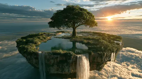 A floating green island with a single tree and waterfalls above a sea of clouds at sunset.