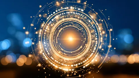 Rings of golden data lines circle a bright center over blurred blue and amber lights.