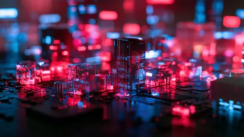 Architecture artwork in a wide 16:9 frame, featuring glass, circuit and towers.