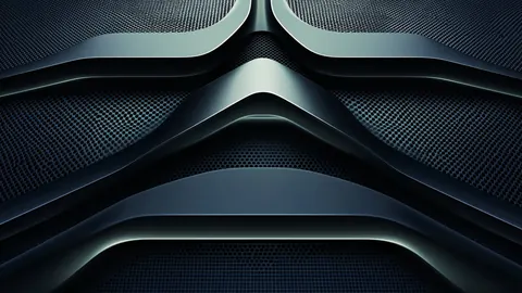 Gunmetal panels and perforated mesh fold toward a central peak, lit softly along their curved edges.