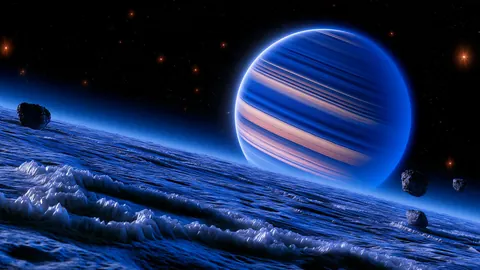 A flat icy ring plane stretches toward a distant blue world.