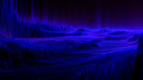 Streaks of electric indigo light stretch over a dark landscape like a glowing river.