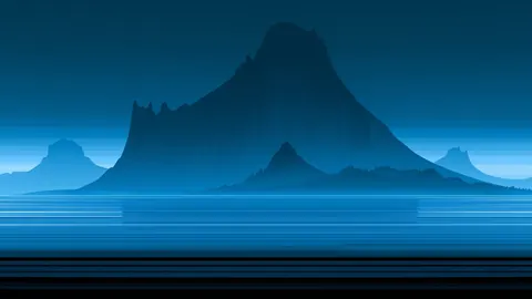 A blue mountain island rises from a still, glassy sea under a pale sky.