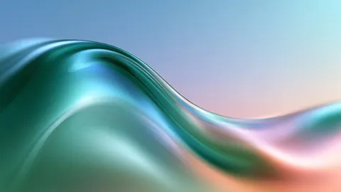 Desktop wallpaper of a glossy teal wave fading into soft peach light.