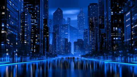 Dense blue skyscrapers fill the frame with glowing windows and streets.