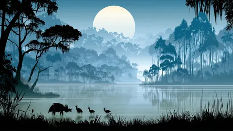 Nature artwork in a wide 16:9 frame, featuring mist, moon and lake.