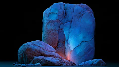 Desktop wallpaper of large blue rocks glowing from within on a black background.