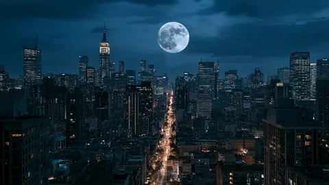Architecture artwork in a wide 16:9 frame, featuring moonlit, city and avenue.
