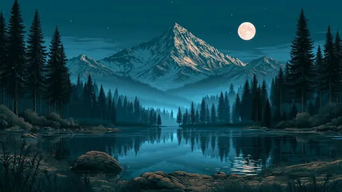 Nature artwork in a wide 16:9 frame, featuring moonlit, pine and lake.