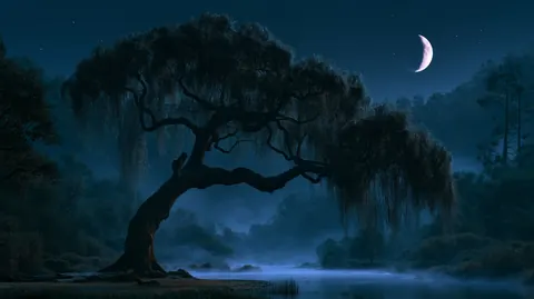 A large willow tree by misty water under a crescent moon at night.