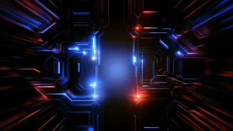 Blue and red neon lines rush toward a bright center inside a dark tech corridor.