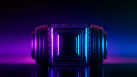 A symmetrical purple-and-blue chamber glows like a high-end audio port or server bay.