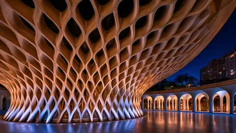 Hexagonal openings cut through a warm parametric wood shell.
