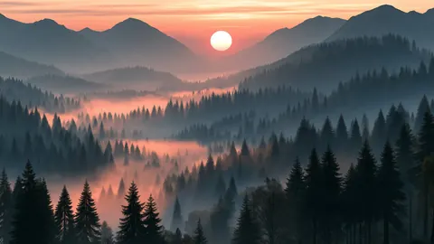 A misty valley of pine forests and mountains with the sun setting between the peaks.