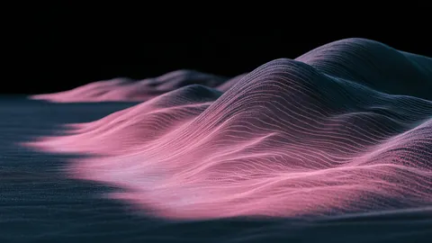 Soft pink wire-like ridges form gentle hills against a black background.