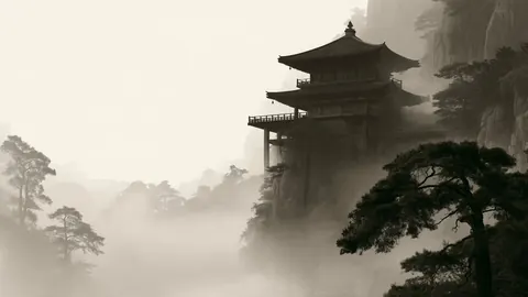 An ink-style pagoda on a misty cliff, with a gnarled pine tree in the foreground.