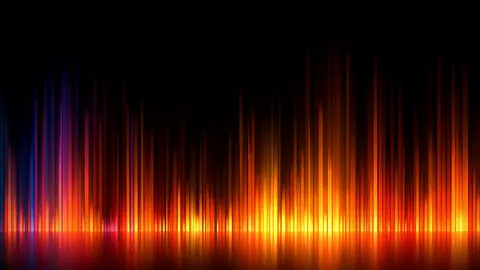 Thin vertical fins of red, orange and gold light rise from the bottom of the frame like a fire graph.