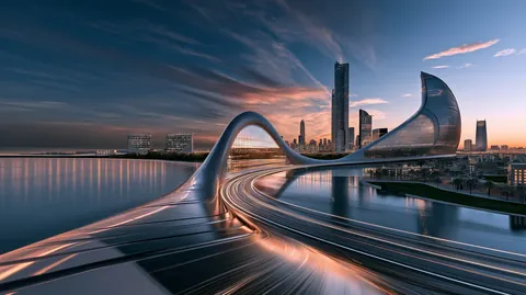 A sweeping white bridge arcs over the water toward a futuristic skyline at dusk, with light trails along the road.