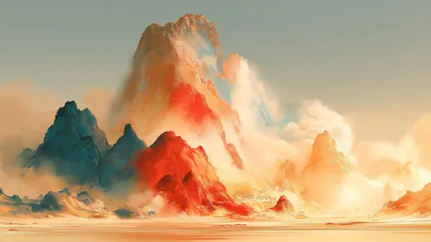 Desktop wallpaper of painted red and teal mountains rising from golden mist.