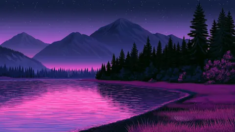 Nature artwork in a wide 16:9 frame, featuring violet, lake and pines.